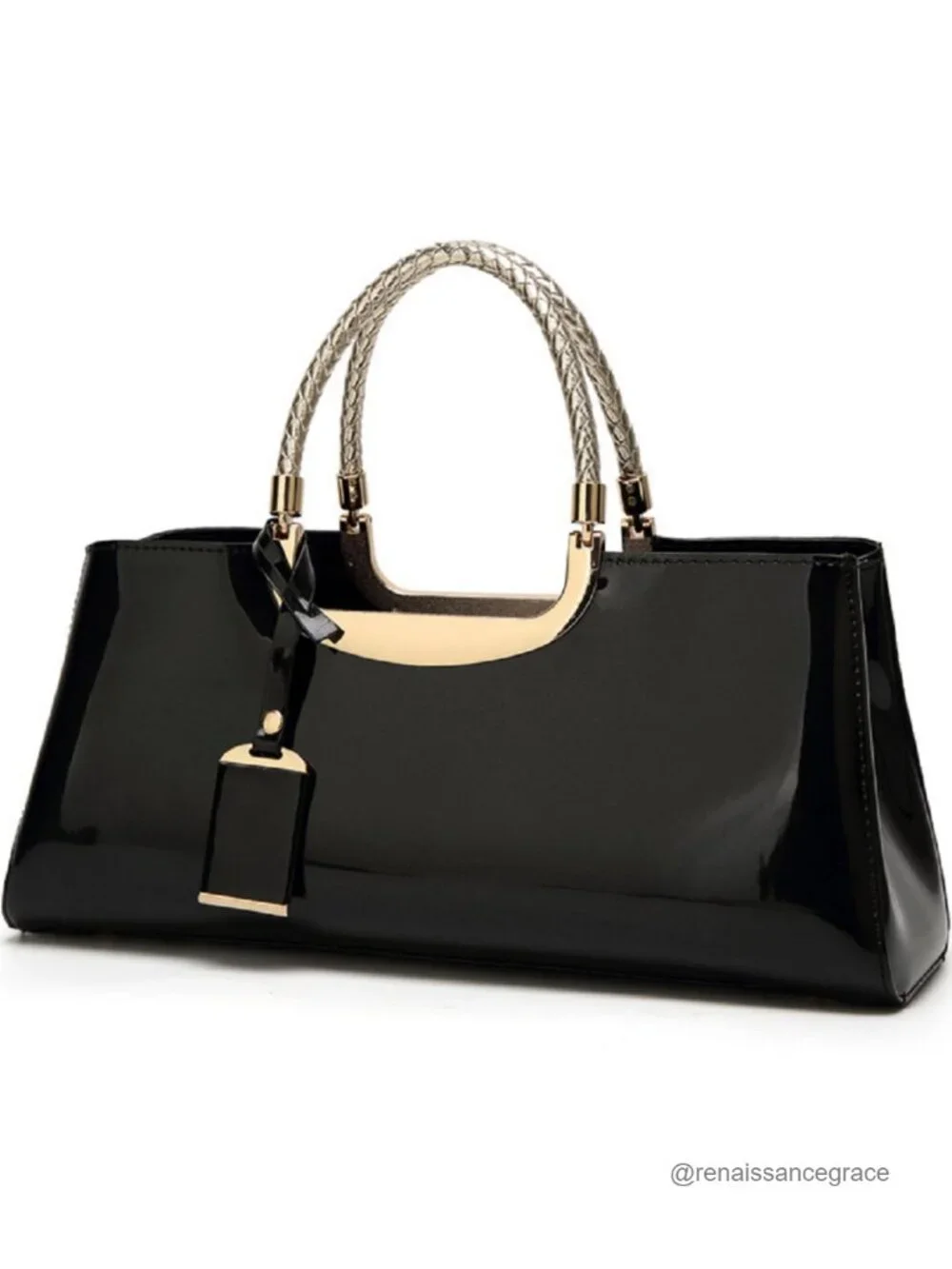 Glossy Faux Patent Leather Tote Satchel Top Handle Structured Shoulder Bag